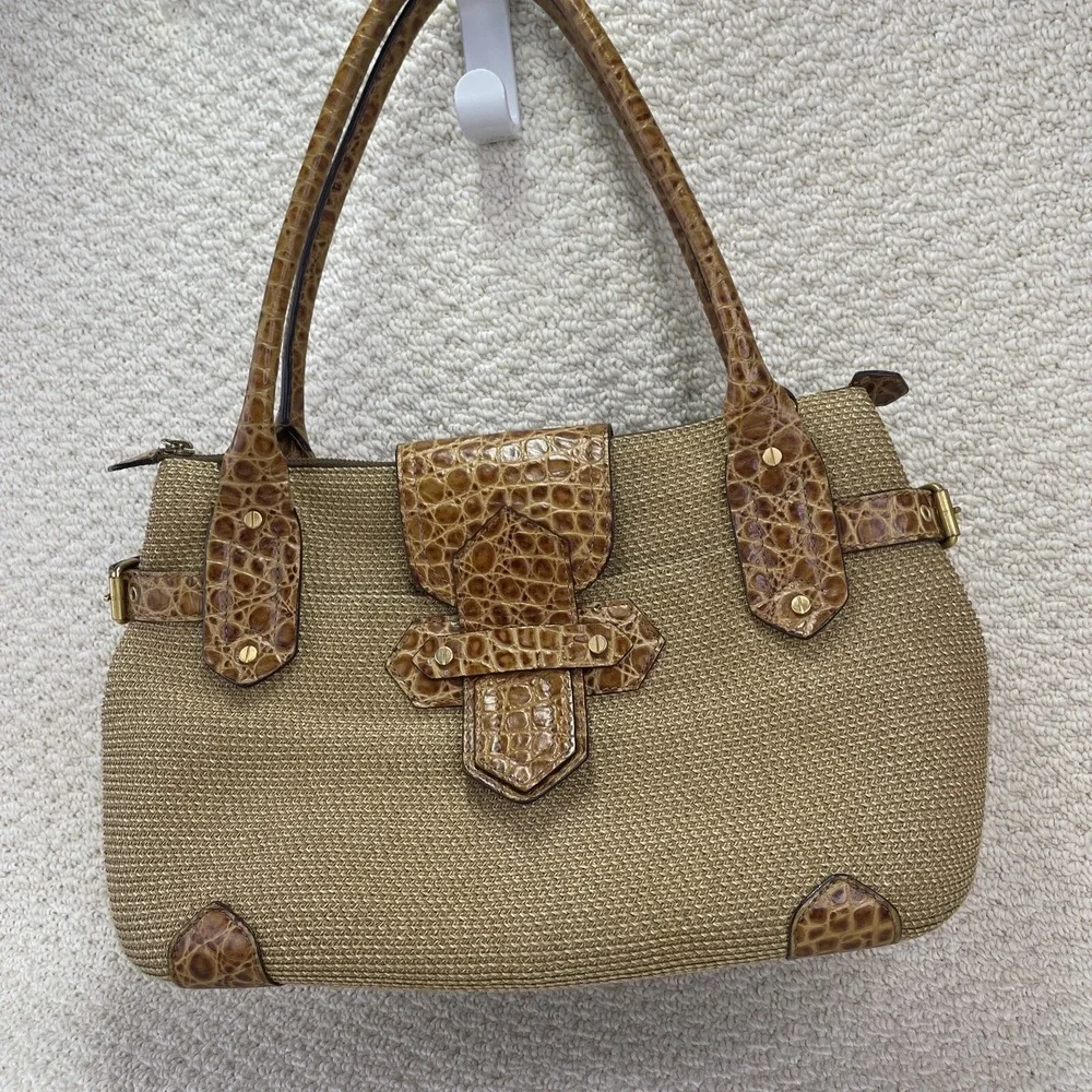 Eric Javits New York Handbag Squishee‎ Woven Straw Croc Embossed Satchel Purse